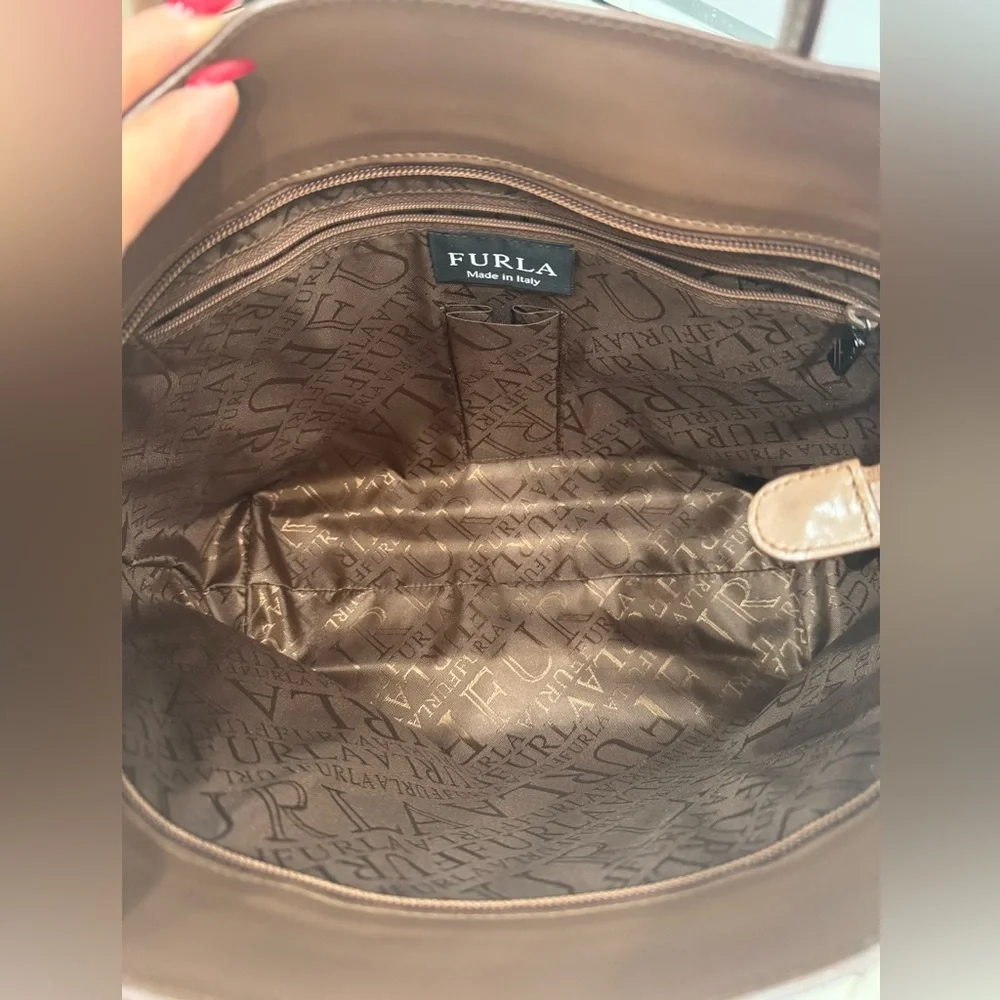 Furla Brown Leather Zip-Top Tote Satchel Handbag Made in Italy 14” Work Tote GUC - Picture 11 of 13